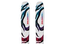 Pair of Salomon snow skis with vibrant, abstract design in blue, black, purple, and red on a white background, ideal for winter sports enthusiasts.