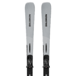 Pair of Salomon skis designed for winter skiing, featuring a sleek grey design with black bindings, ideal for winter sports enthusiasts.