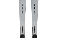 Pair of Salomon skis designed for winter skiing, featuring a sleek grey design with black bindings, ideal for winter sports enthusiasts.