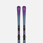 Pair of purple and blue skis with bindings, ideal for winter sports enthusiasts and skiers of all levels.