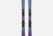 Pair of purple and blue skis with bindings, ideal for winter sports enthusiasts and skiers of all levels.