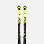 Pair of Völkl Junior Pro skis in yellow and black with bindings, designed for winter skiing enthusiasts.