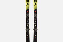 Pair of Völkl Junior Pro skis in yellow and black with bindings, designed for winter skiing enthusiasts.